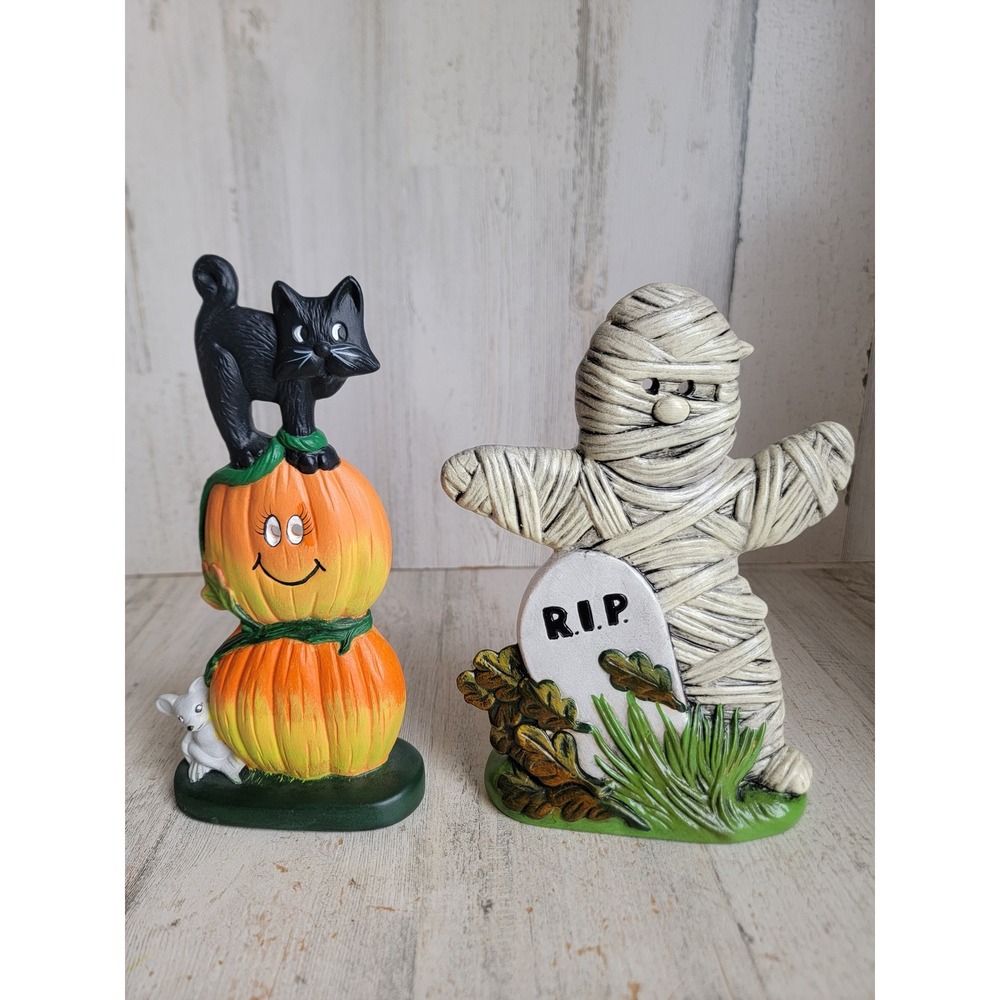 Vintage ceramic Halloween mummy pumpkin black cat set home tombstone